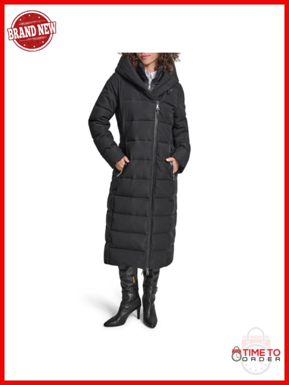 Maxi Puffer Coat with Bib and Asymmetrical Zipper, Long Quilted Winter Jacket